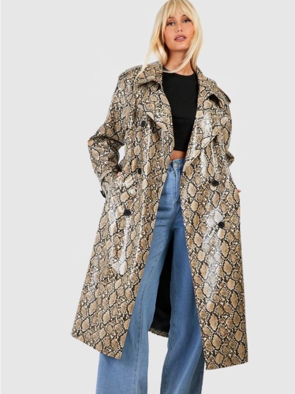 Snake-Print Long Trench Coat - Taupe